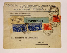 Envelope 1946 RECOMMENDED EXPRESS Piacenza Torino 40 Lire Advent Republic Mil