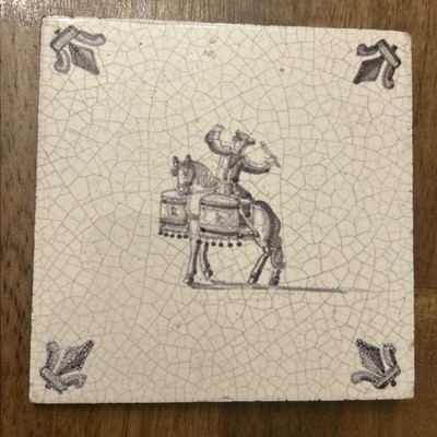Antique Delft Tile Man Soldier Piper Riding Horse 5.25 
