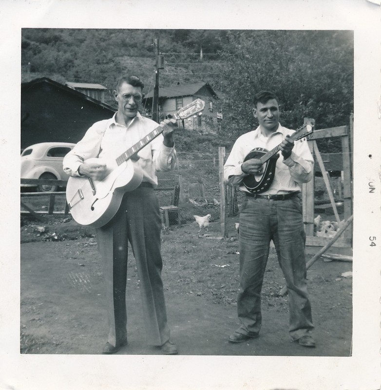 vintage snapshot photo: Men Farm Musicians Playing String Guitar Mandolin 1954