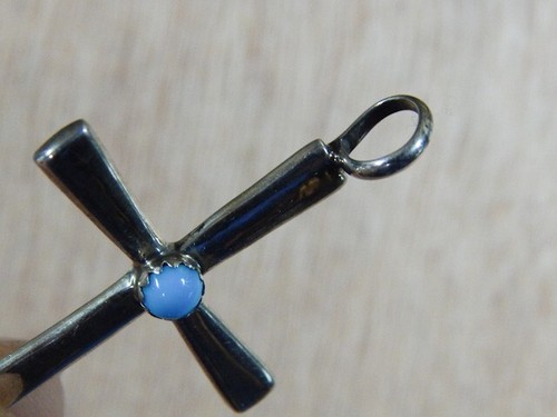 Religious Cross Pre-Owned Navajo Sterling Silver Turquoise Pendant Signed HT - Picture 4 of 4