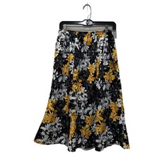Nikki Womens Midi Skirt Sz M Blk Yellow Floral Boho Retro Prairie Pheasant Hip