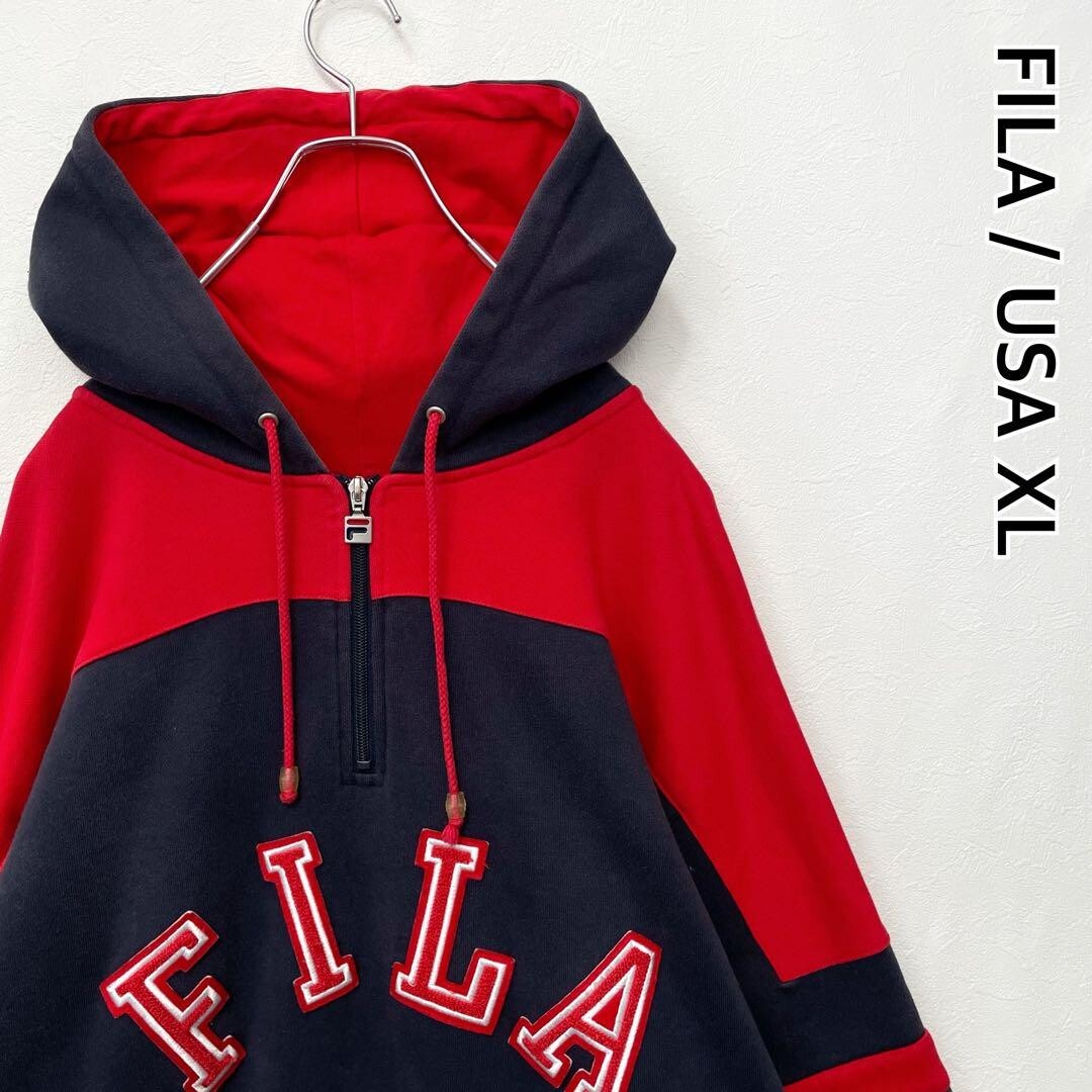 Felpa con cappuccio mezza zip FILA anni 90 bicolore fodera in pile taglia grande così