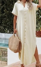 DOKOTOO Women’s Button Front Gauzy Shirt Dress Beige/Apricot NWT Size S 