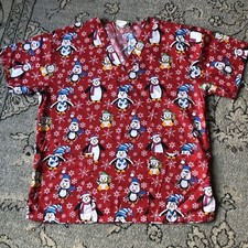 Peppermint Scrubs Women's Scrub Top Large print Penguins Christmas Size Large