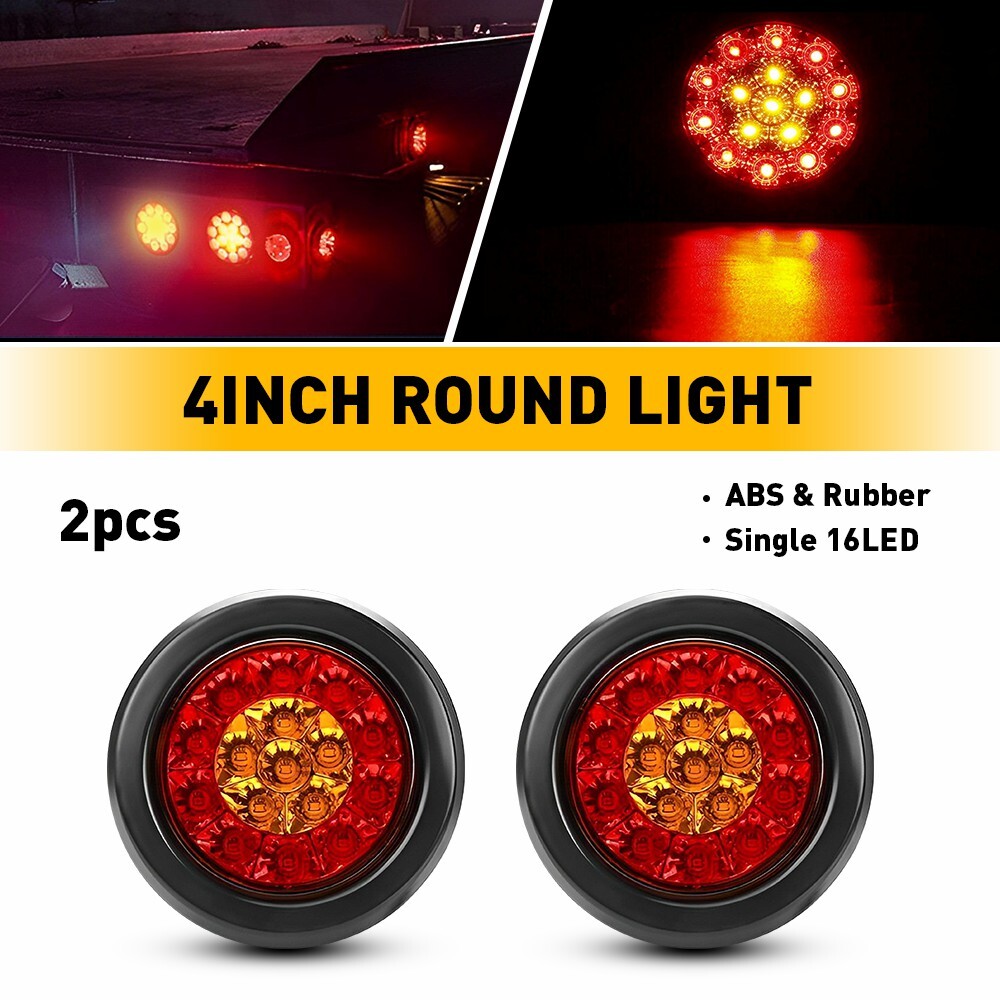 2-Pack 4-Inch Round 16-LED Red Amber Trailer Tail Lights for Trucks