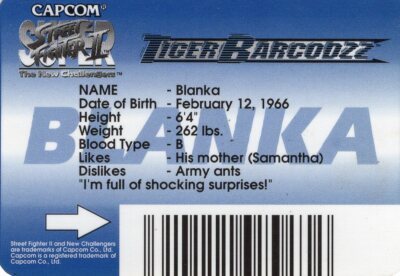 Super Street Fighter II Blanka Tiger barcodzz Card, Great shape