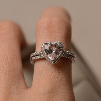1.39 Ct Heart Cut Real Morganite & Diamond Engagement Ring 14K Solid White Gold