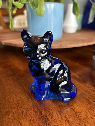 Fenton Solid Blue Glass Sitting Cat Figurine Stamped Fenton, Art Deco Kitten