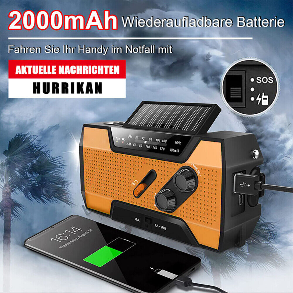 Solar Radio Kurbelradio Tragbares Notfall AMFM mit USB Handyladefunktion DHL
