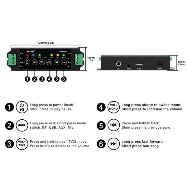 Amplificatore 4 Canali Herdio Bluetooth 5.0 - 200W Con Alimentatore, Per Casa, Garage, Soffitto