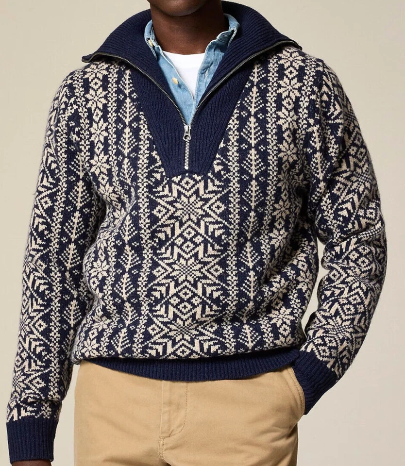J Crew Wool Sweater Mens Blue Fair Isle Nordic 1/4 Zip Warm Chunky Shawl Collar - Image 4 of 4