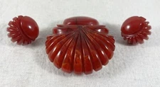 Vintage Carved Red Bakelite Shell Brooch & Earrings Simichrome Tested