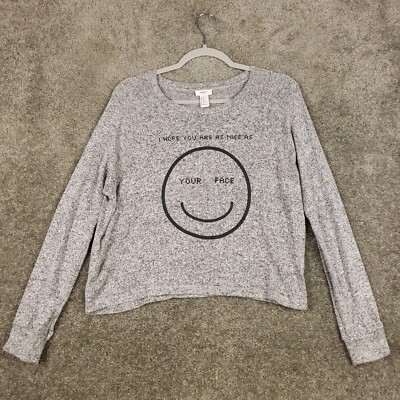 Forever 21 Nice As Your Face Graphic Marly Gray Crop Sz M Long Sleeve Happy Face