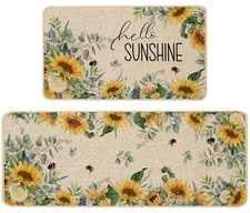 Summer Kitchen Mats Set of 2, Sunflower Floral Bee Kitchen Rugs for Floor Non...