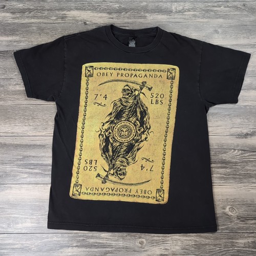OBEY Propaganda Card Grim Reaper Black Graphic Shirt Mens Medium Vintage Y2K