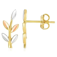 Real 14K Gold Tri-Color Olive Branch Leaf Ear Climber Earrings – Italian Made