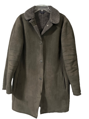 Lands  End Women s Sz. 10-12 Dark Green Faux Suede Sherpa Lined Long Coat Button