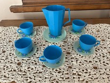 vintage Teal Toy plastic teacups and saucers with a floral pattern,