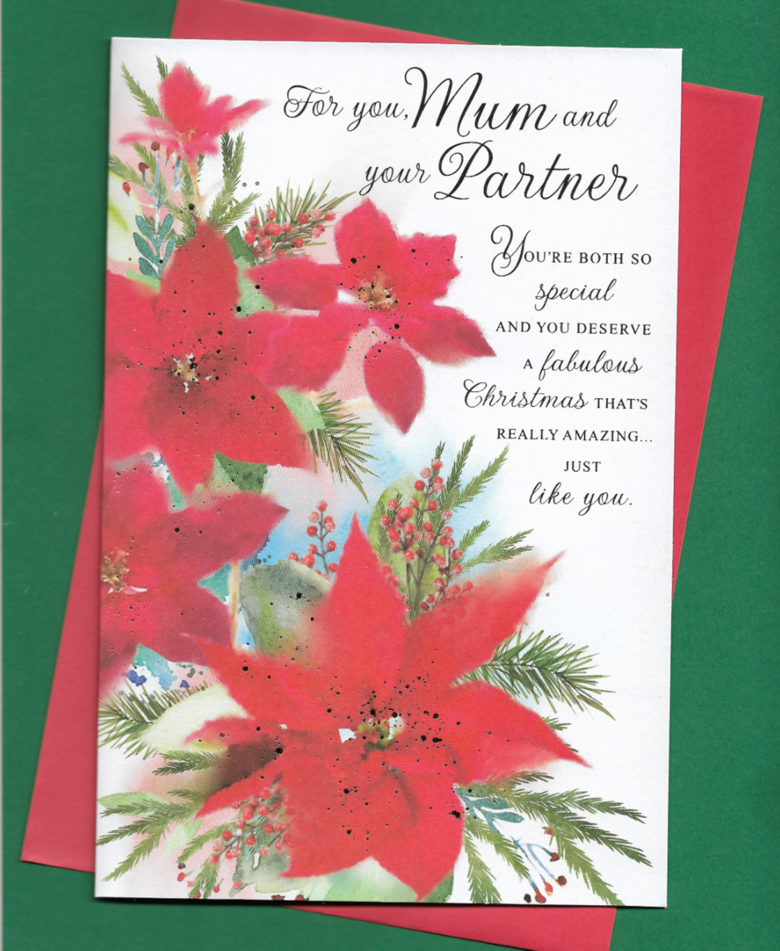 Mum And Partner  Christmas Card 9""x6"" Traditional Red Xmas Poinsettia Floral