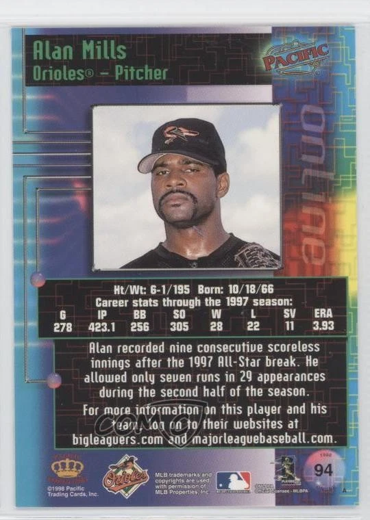 1998 Pacific Online Alan Mills #94 - Image 2 of 2