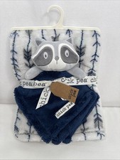 2 PC Chickpea Blanket Set 30"x36"  Raccoon Buddy Blanket Blue Gray NWT