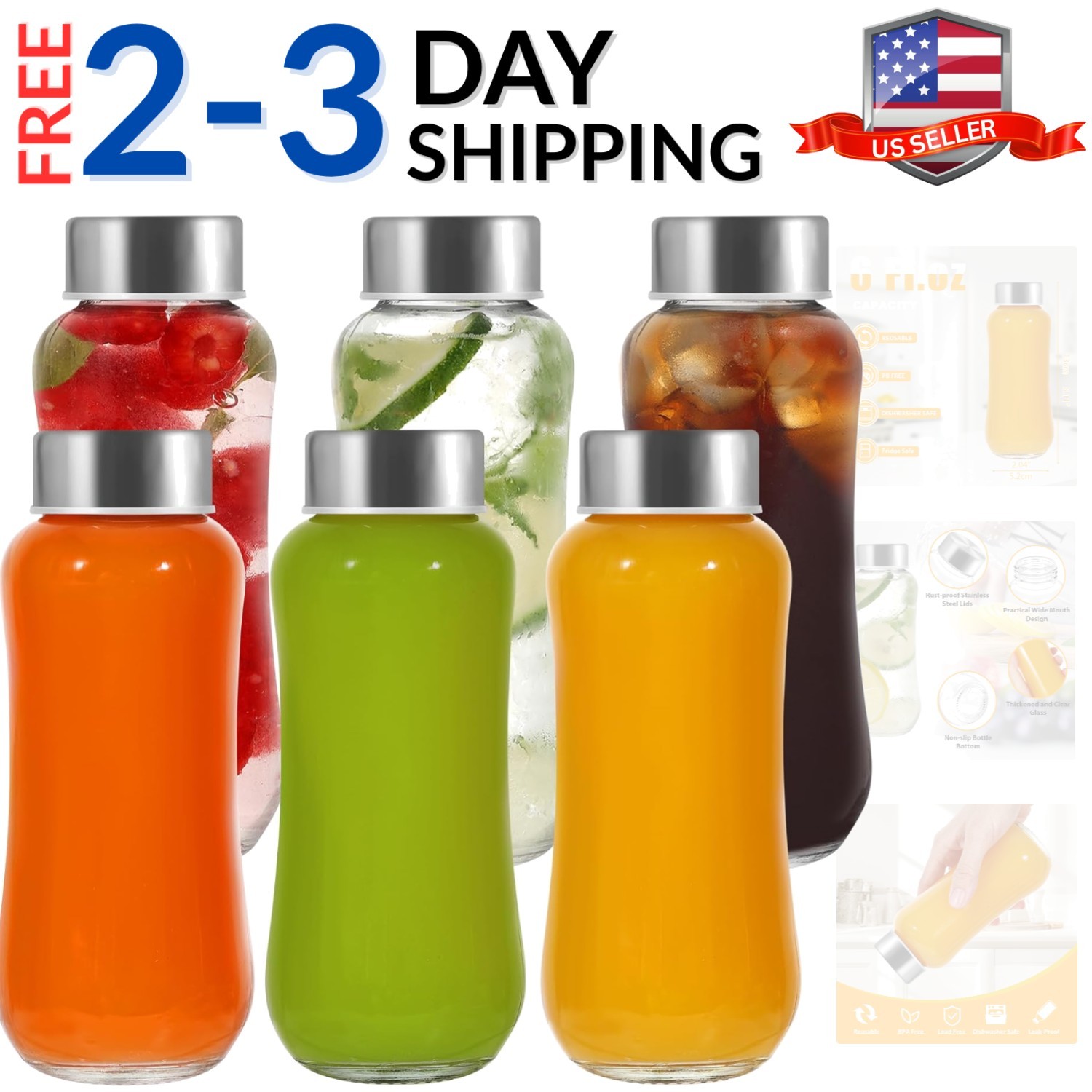 With Lids 6 Oz,juicing Bottles Reusable Glass,100% Leakpr...
