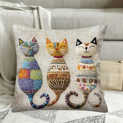 #ad SET OF 2 18” 3 SOFT Cat Trio Pillowcase Farmhouse Sofa Pillow Beige Cats $15.95