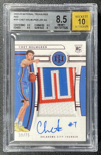 CHET HOLMGREN BGS 8.5 2022 NATIONAL TREASURES #101 ROOKIE PATCH AUTO RED 39/75