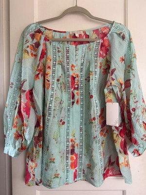 NWT Fig Flower Peasant Blouse Boho TOP Long Sl Plus Sz 1X 2X Floral Crochet