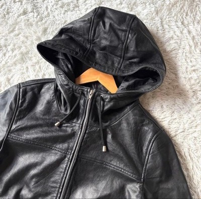 Roshell Genuine Leather Hooded Riders Jacket Biker Coat zip color black size L