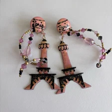 Vtg 85 Lunch At The Ritz Hand Signed Eiffel Tower Paris Pierced Earrings 14k GF