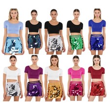 Womens Outfit Chain Dancewear Samba Set 2-piece Costume Gras Crew Neck Sequin