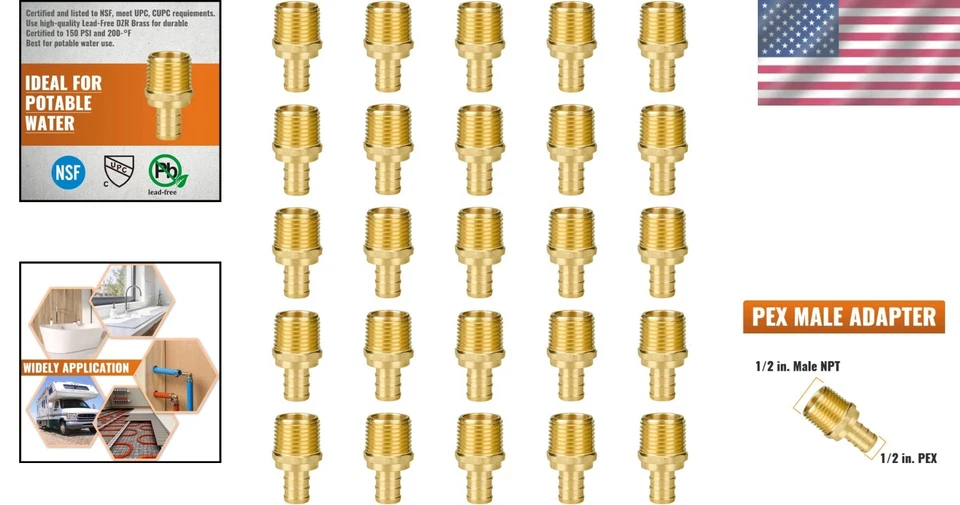 25-Pack 1/2" NPT to 1/2" PEX Male Adapter, Lead-Free Brass - Image 2 of 4