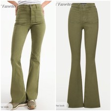 Veronica Beard Beverly Patch-Pocket Skinny-Flare Twill Pant 27 Army Green
