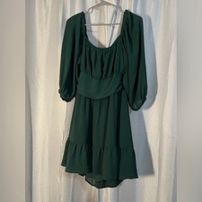 Green Chiffon A-Line Mini Dress Puff Sleeve Bow Tie Ruffle Hem Size L
