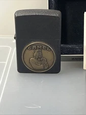 Vintage Zippo Camel Lighter Black Matte Brass Emblem USA Made with Tin Box & Ins