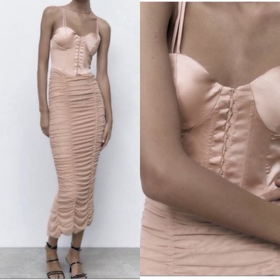 ZARA Ruched Tulle Corset Midi Dress Pink Beige Satin Bustier NWT 0387/169 Medium