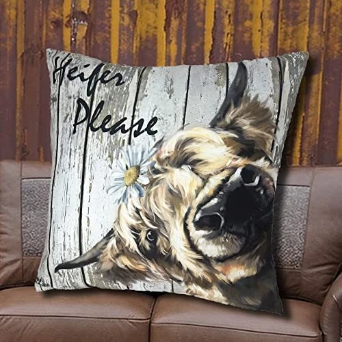 Funny Highland Cow Throw Pillow Cover Western Farmhouse Cow Decorative  Pillow