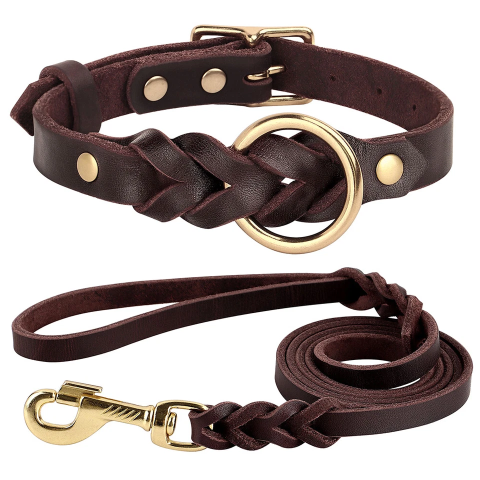 Genuine Leather Braided Dog Collar and Leash Set Heavy Duty For German Shepherd - Image 2 of 4
