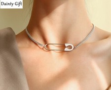 Women Girl Titanium Stainless Steel Pin Choker Chain necklace 13-15" Non Tarnish