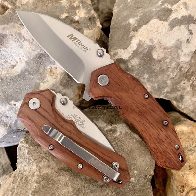 MTech USA Compact Spring Assisted Pocket Knife Silver with Wooden Scales 2.75''