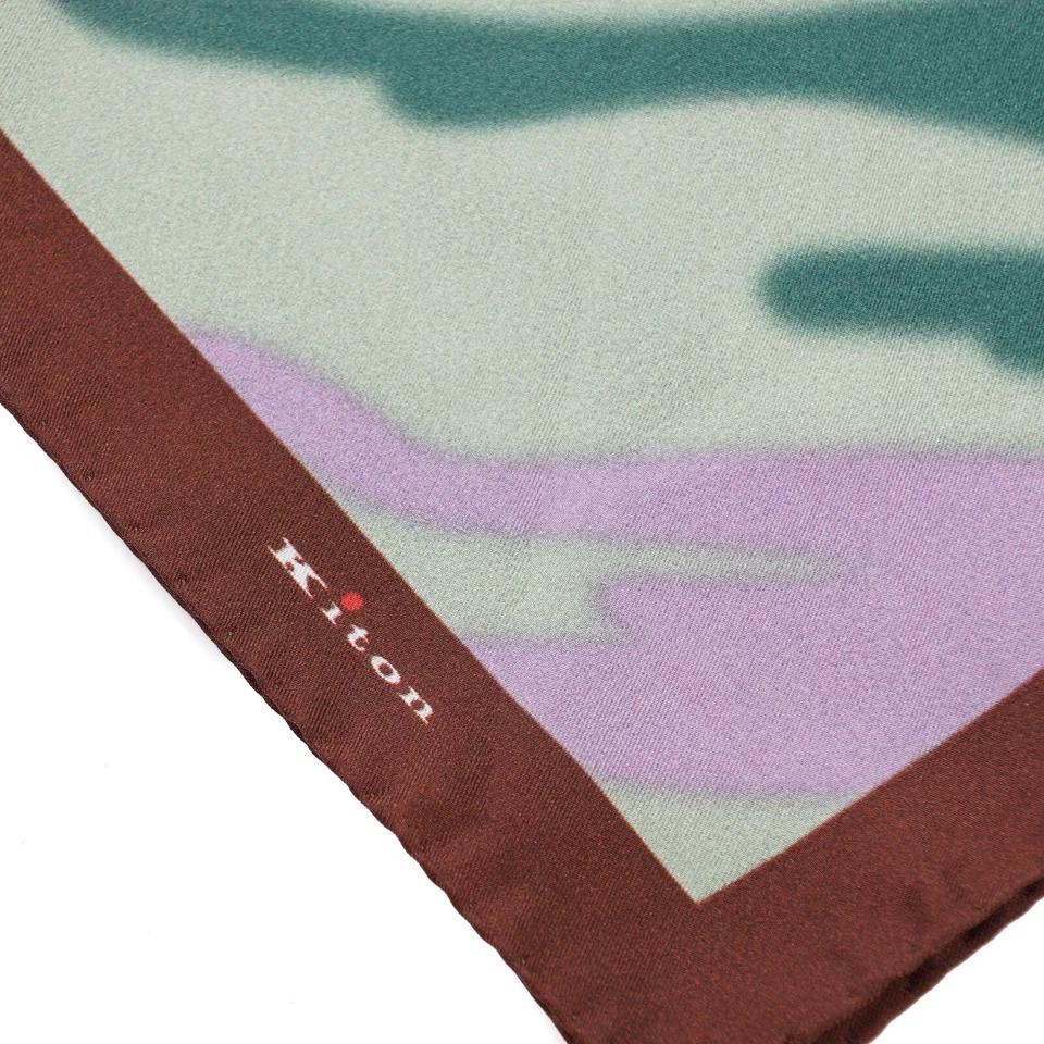 Kiton Napoli Green-Brown-Pink Abstract Watercolor Print Silk Pocket Square - Image 2 of 4