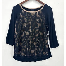 Dolan T Shirt Top Womens Pullover 3/4 Sleeve Lace Round Neck Black Beige S