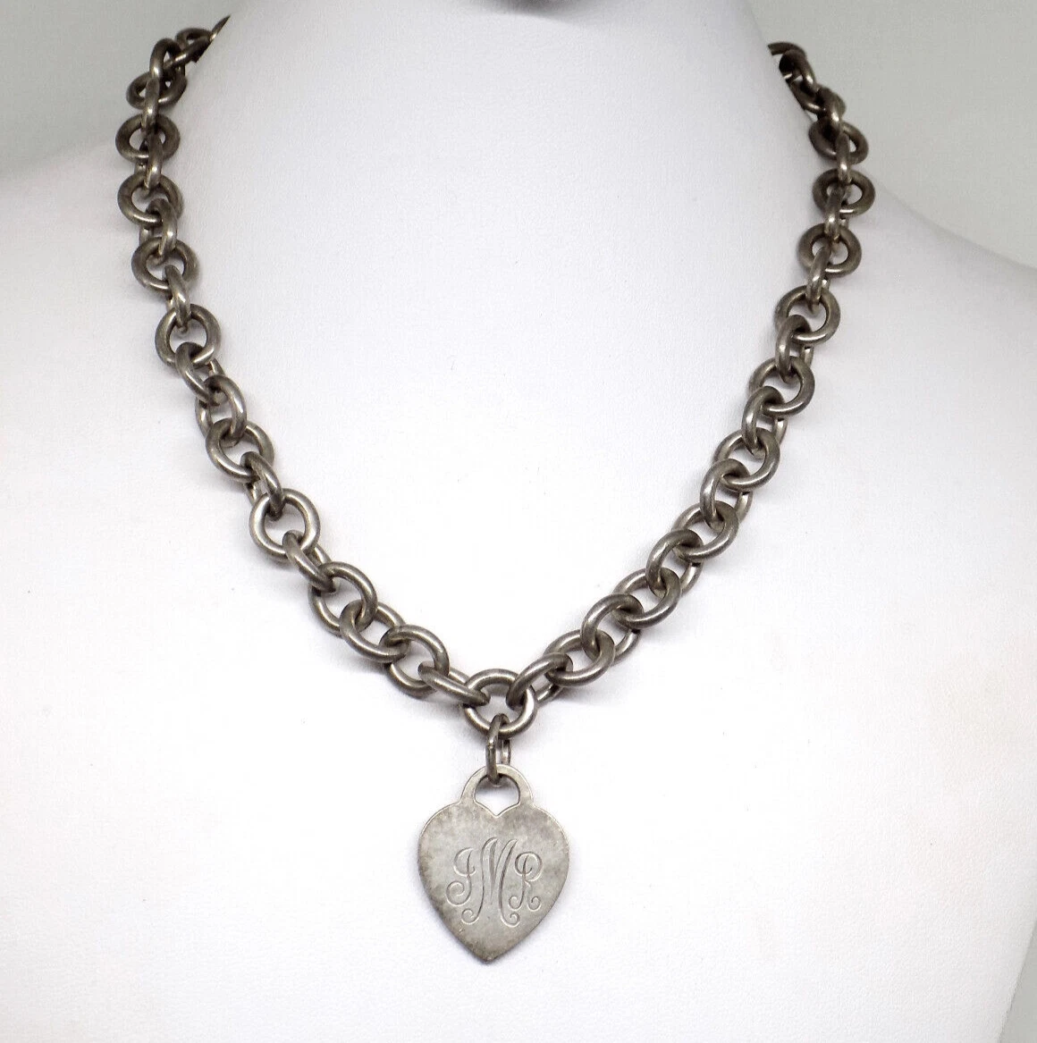 Tiffany & Co Sterling Silver Heart Tag Necklace Round LInk Chain Necklace~Mono