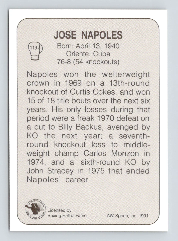 1991 All World Card, #119 Jose Napoles Hall of Fame, Oriente, Cuba - Image 2 of 3