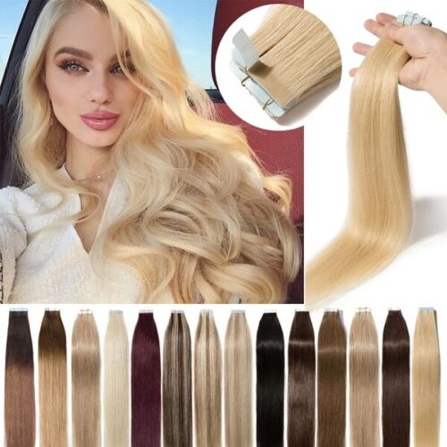 Full Head Tape in Remy Human Hair Extensions Virgin 100PCS Ombre PU Skin Weft US - Picture 1 of 33