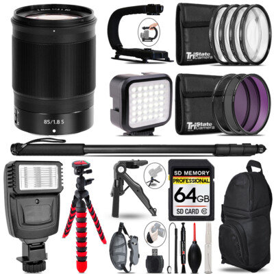 Nikon NIKKOR Z 85mm f/1.8 S Lens - Video Kit + Slave Flash + Monopad - 64GB Kit