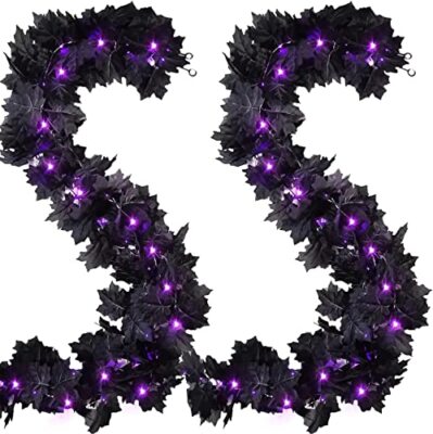 2 Pack Black Garland Halloween,5.9Ft Black Vines Maple Leaf with Purple Lights 