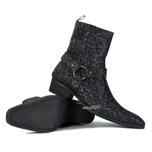 Mens Glitter Sequins Block Heel Zipper British Chelsea Boots Leather Ankle Boots - Picture 14 of 25