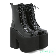 Women's Super High Platform Block Heel Ankle Boots Lace Up Shoes Add Height Lady